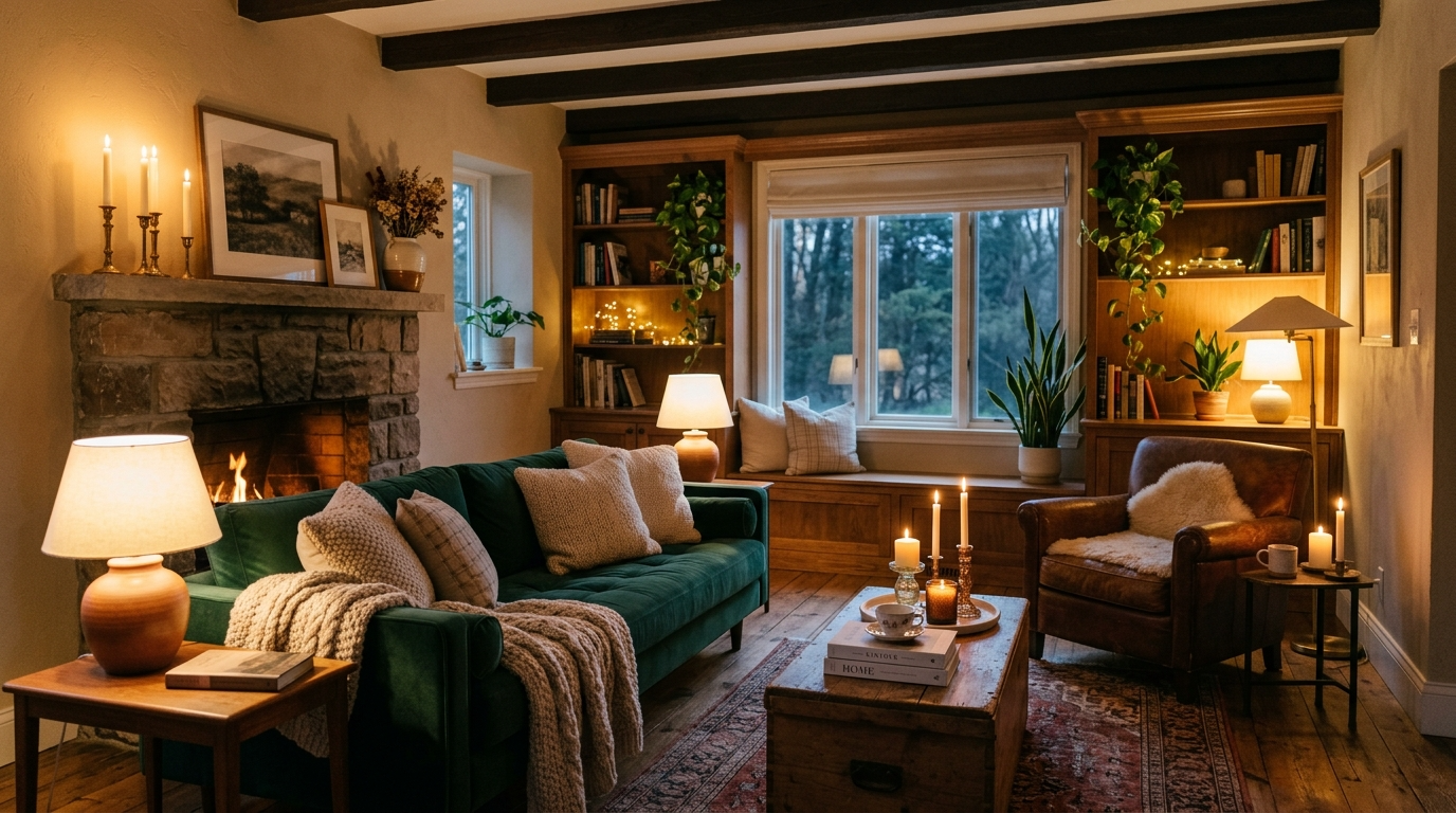 10) Layer lighting (overhead + lamps + glow)